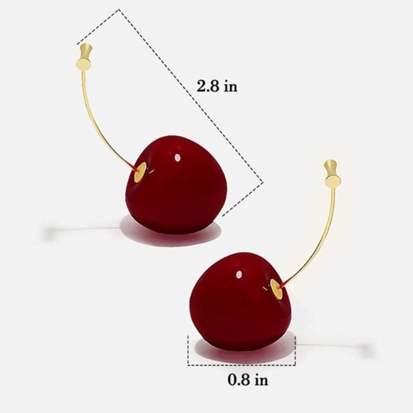 Red Cherry Dangle Drop Gold Cute Earrings - Picture 3 of 5